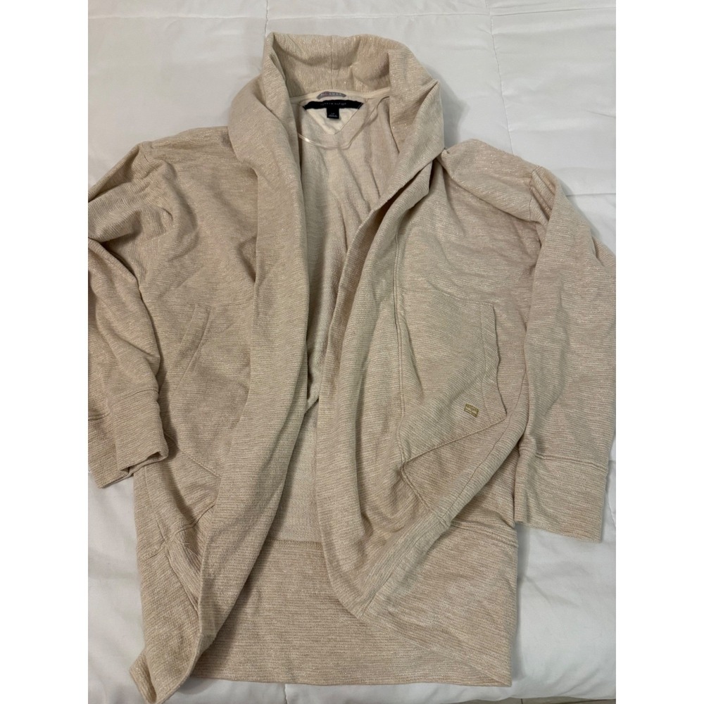 Tommy Hilfiger Athluxe Shimmer Open Front Cardigan Beige Gold Metallic Small